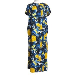 Vintage Hawaiian Muumuu iBlue + Golden Yellow Asian Inspired Barkcloth Print